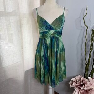 Y2K Vintage Ruby Rox Mesh Mini Dress Tie Dye Paisley Green Blue Tie Waist Medium